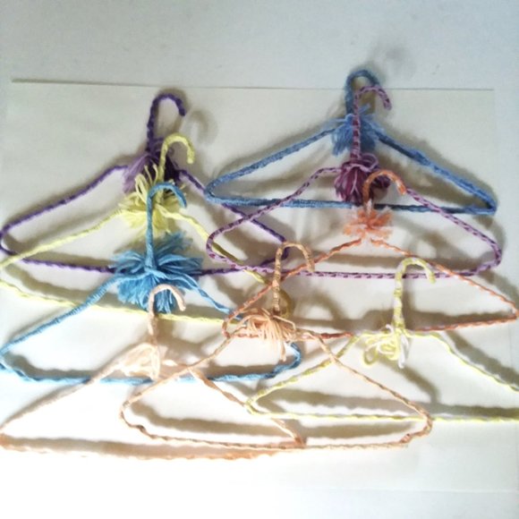 Crocheted Hangers 9 VTG 70s Pom Poms Handmade Metal Boho Retro Granny Knit - Picture 3 of 4
